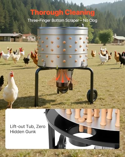 VEVOR Chicken Plucker Machine, 25.6 in Drum, 1200W & 275RPM Electric Chicken Plucking Machine with 158 Soft Fingers & Transport Wheels, Stainless Steel Feather Remover for Processing 4 Chicks Once - color: 3 Legs & 25.6 in