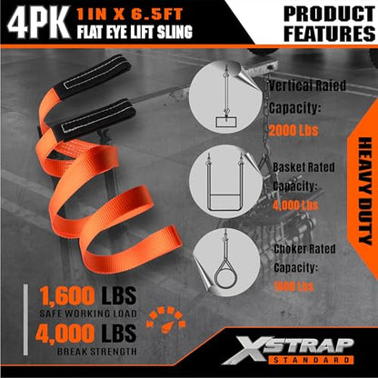 XSTRAP STANDARD 4PK 1"x6.5ft Lifting Sling Straps 2000 lb Vertical Capacity - style: 4PK 1''x6.5ft