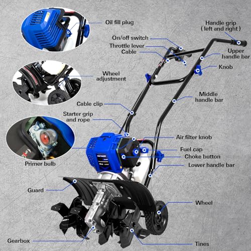 BILT HARD 46cc 4-Cycle 1.9HP Gas Powered Tiller Cultivator - 16" Heavy-Duty Steel Tines Rototiller, Adjustable Wheels & Cushioned Handle Grips for Plowing, Tilling, Weeding in Garden, Farm