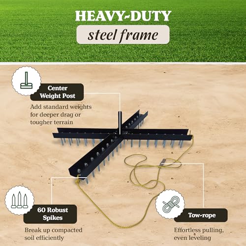 Yard Tuff Cross Drag Leveling Equipment w/ 60 Steel Spikes, Heavy-Duty Steel Frame, Black – ATV/UTV Tow or Hand-Pulled Leveler with Weight Post for Field, Driveway, Baseball Infield and Lawn
