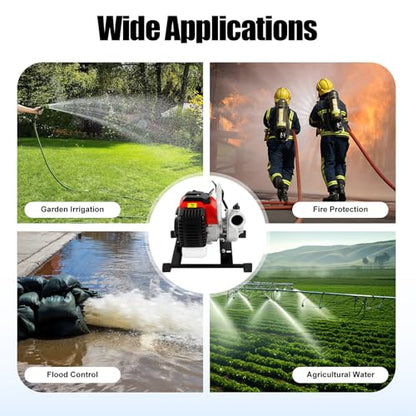 Commercial Gasoline Engine Water Pump 2 Stroke 52CC 1700W 1.5 Inch Inlet Portable Gasoline Water Transfer Pump with Manual Start, Air-cooling Water Pump for Flood Gardening Irrigation