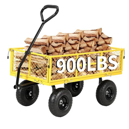 900 Lb Capacity Heavy Duty Steel Garden Cart – 2-in-1 Utility Wagon with Removable Mesh Sides, 10" All-Terrain Tires, Flatbed Conversion, 180° Rotating Handle – Perfect for Lawn, Garden & Backyard - color: Yellow