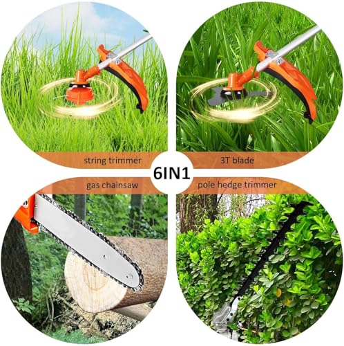 52cc Gas String Trimmer & Pole Saw Combo, 6-in-1 Multi-Functional Weed Eater, Brush Cutter, Lawn Edger, Hedge Trimmer & Chainsaw Pruner, EPA & CE Certified