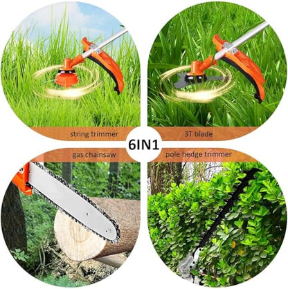 52cc Gas String Trimmer & Pole Saw Combo, 6-in-1 Multi-Functional Weed Eater, Brush Cutter, Lawn Edger, Hedge Trimmer & Chainsaw Pruner, EPA & CE Certified