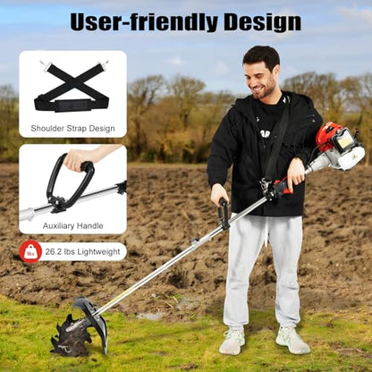 2 Stroke Mini Tiller Gas Tiller Cultivator, 51.7CC Air-Cooled Rotary Tillers with Toolkit 6500 RPM 76.6'' Pole Diaphragm Carburetor 1.1L Fuel Tank for Farm Loose Soil Weeding