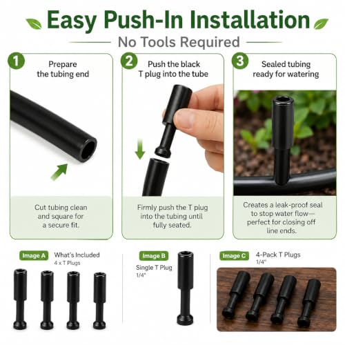 4-Pack 1/4 Inch Drip Irrigation T Plugs for Watering Kits - size: 1/4 T Plug (Fitting)