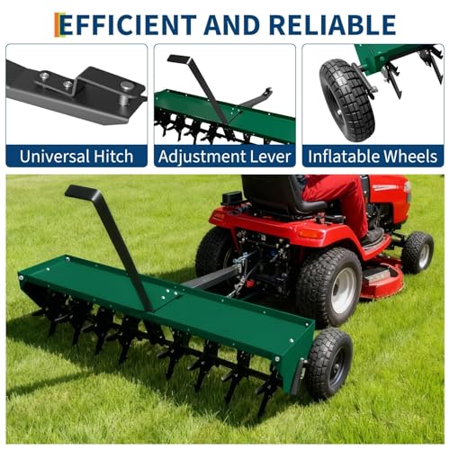 48'' Tow Behind Plug Aerator, Heavy Duty Pull Behind Plug Aerator with Universal Hitch, 3 in Spikes and Inflatable Wheels for Gardens, Lawns, Farms, Green - color: Green