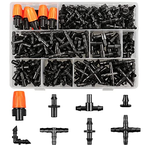 Drip Irrigation Fittings Kit for 1/4 Inch Tubing, 260 Pcs 1/4" Drip Line Barbed Connectors - 85 Couplings, 55 Tees, 10 Nozzles, 10 Nozzle Tees, 25 Single barbs, 25 Elbows, 25 Plugs, 25 Crosses - size: 4/7mm Drip Fittings Set-260P