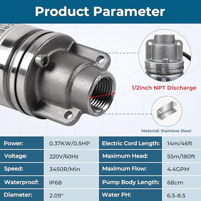 0.75HP Deep Well Pump, 220V/60Hz, 4.8GPM, 206ft Head Submersible Well Pumps with 49ft Electric Cord, 2.6" Stainless Steel Deep Well Water Pumps for Industrial, Irrigation & Home Use