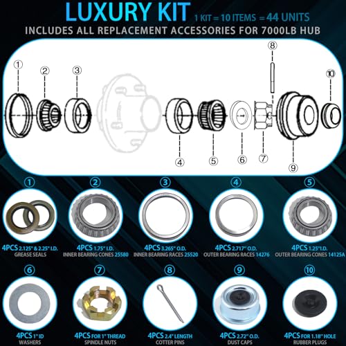 iBroPrat 4Sets 7000 LB Boat Trailer Axle 25580 14125A Bearing Kits | 21333TB/10-10 Grease Seals,22333TB/10-36 Grease Seals 2.72" Dust Caps and Rubber Plugs Cotter Pins for #D42 Spindle
