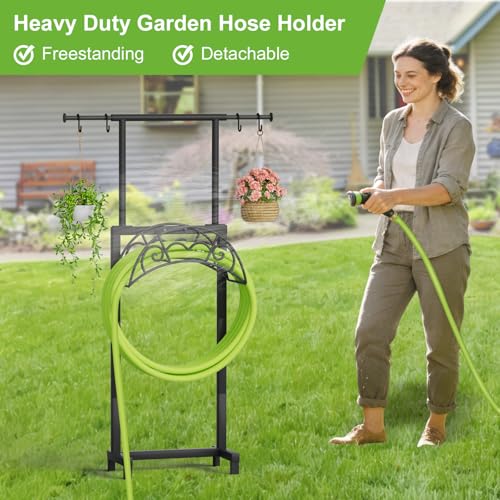 Garden Hose Holder with Telescopic Pole, Upgraded Heavy Duty Hose Stand Holds 150ft with 4 Spikes, Freestanding Metal Hose Storage and Hanger for Outside Yard Lawn Farm, Black