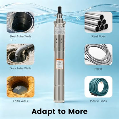Deep Well Pump, 1" Outlet Submersible Pump with 49ft Cable Wire, 0.37KW / 0.5HP / IP68 / 30dB / 60Hz 3450r/min 1.8m³/h Stainless Steel Submersible Well Pump for Farmland Irrigation and Water Supply