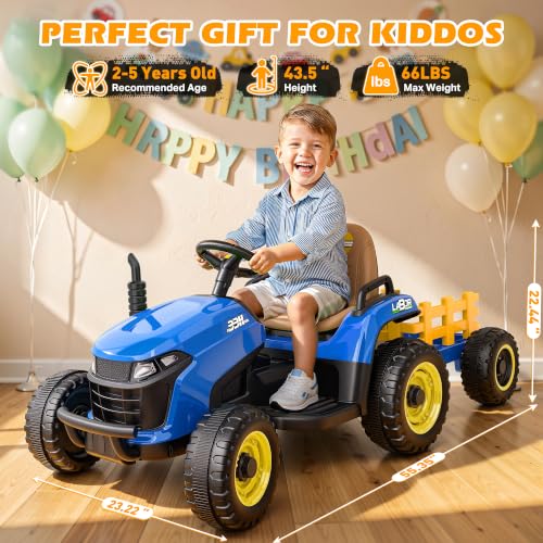 ARBELI 12V 7AH Kids Ride On Tractor w/Trailer & Remote Control, Blue - color: Blue