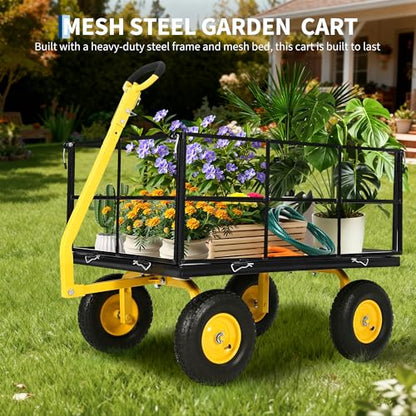 Heavy Duty 1500 lbs Steel Garden Cart, 3-in-1 Outdoor Utility Wagon with Removable Mesh Sides, 13" All-Terrain Wheels, 180° Rotating Handle for Lawn, Backyard, Farm & Gardening - color: Black