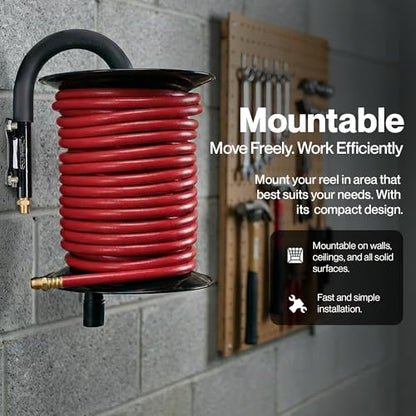 ReelWorks Air Hose Reel Tool Retractable Hand Crank 3/8" Inch x 100' Feet