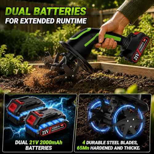 Mini Cordless Tiller Cultivator, 21V Electric Hand Tiller for Gardening