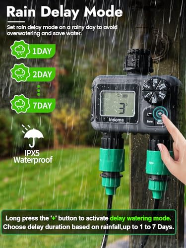 Insoma 2-Zone Sprinkler Timer, Programmable Garden Hose Timer with Auto/Manual/Rain Delay Modes | Water-Saving Irrigation Controller for Lawn, Yard & Drip Systems | Waterproof Design & Easy Setup - size: 2 Zone-Plastic