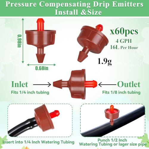 60Pcs 4 GPH Pressure Compensating Drippers,4 GPH Drip Emitters - color: 4 GPH 60PCS
