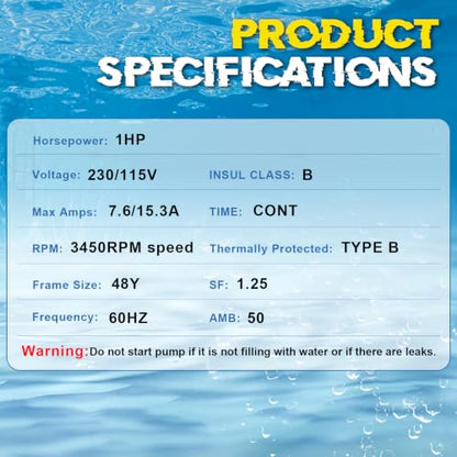 USQ1102 Pool Pump Motor 1HP 48Y Frame 115/230V, 7.6/15.3A Single Speed - size: 1 HP USQ1102 48Y Frame