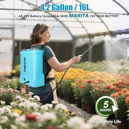 Battery Powered Backpack Sprayer 4.2 Gallon, 0-100 PSI Adjustable Pressure Garden Sprayer Compatible with 2pcs 2.0Ah 18V Battery, Electric Mixing Function, Telescope Wand, 8 Nozzles, Charger Included