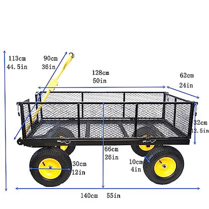 Garden cart The Load can Reach 1100 pounds,and The Large-Size Four-Wheeled Trailer with Detachable Sides can be Used in Farms,Warehouses and Other Places. - color: Big Black+yellow