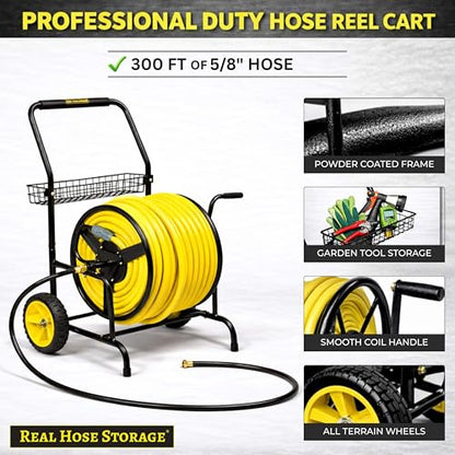 Hose Reel Cart, Hold Up to 300 ft of 5/8'', Garden Hose Cart with 2 Wheels, Heavy Duty Freestanding Water Hose Reels for Outside Garden Lawn Yard Outdoor (300ft Hose Capacity) - size: 300ft Hose Capacity