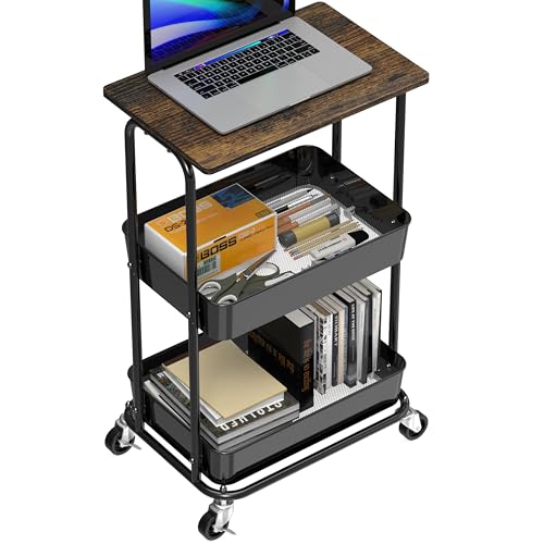 Simple Houseware 2-Tier Utility Cart Wood Top/Lockable Wheel, Rustic Brown - color: Rustic Brown