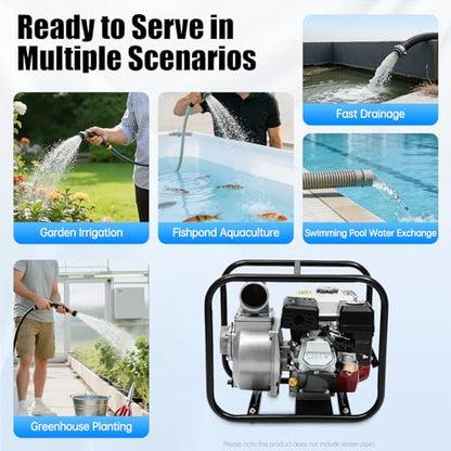 3 Inch Trash Pump, 7.5HP 210cc Gasoline Powered Water Pump, 60m³/h Flow, 3" Inlet/Outlet, 91.86ft Head, 22.97ft Suction, Portable High Flow Water Transfer Pump for Farm Irrigation, Pool, Garden - size: 3 inch