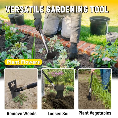 2-in-1 Weed Rake and Garden Hoe, 68" Weed Puller Tool with Long Handle, Manual Weeds Remover, Heavy Duty Stand Up Weeder Uprooting Weeding Pull Tool for Garden Yard Lawn Patio