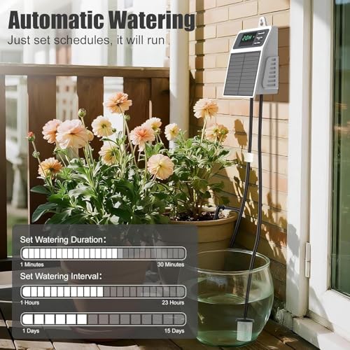 Solar Automatic Drip Irrigation System, DIY Self Watering System with Timer, 10m/33FT Hose, Solar Powered Auto Irrigation Kit for Greenhouse Accessories for Yard, Lawn