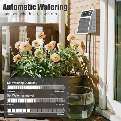 Solar Automatic Drip Irrigation System, DIY Self Watering System with Timer, 10m/33FT Hose, Solar Powered Auto Irrigation Kit for Greenhouse Accessories for Yard, Lawn