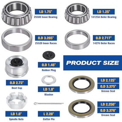 25580 14125A Boat Axles Trailer Bearing Kit for 5200-7000 lb, 4 Sets