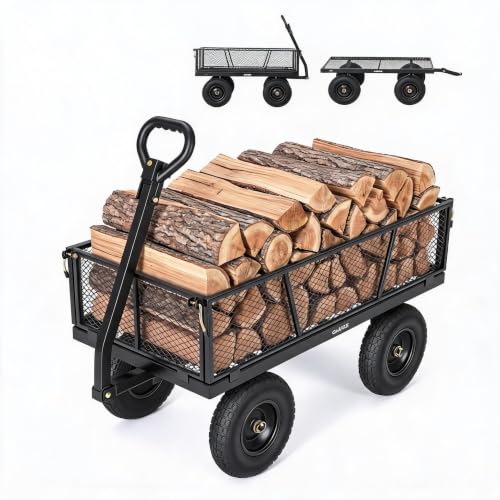 Black Metal Mesh Garden Cart, 1200 Lbs Heavy‑Duty 4‑Wheel Yard Utility Wagon - color: Black