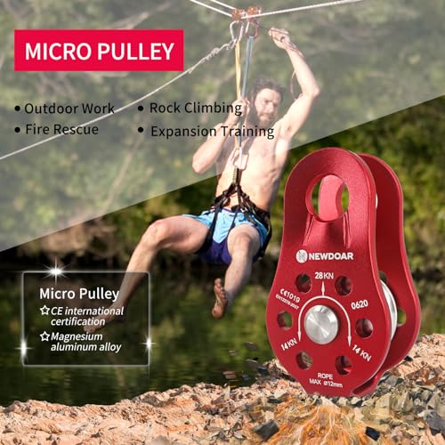 NewDoar Fixed Plate Micro Pulley,28KN CE Certified General Purpose Small Aluminum Rope Pulleys for Climbing/Aloft Work/Rappelling/Rescue Etc - color: Pack of 2(28KN Pulley Red)