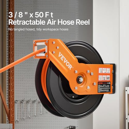VEVOR Retractable Air Hose Reel, 3/8IN x 50FT Rubber Air Hose Max 300PSI, Air Compressor Hose Reel Auto-Rewind with 5FT Lead in, Ceiling/Wall Mount Heavy Duty Single Arm Reel & 180° Swivel Bracket - size: 3/8 in x 50 ft