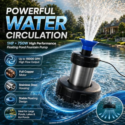 1HP Farm Pond Fountain Pump 15000 GPH with Timer, 100FT Cord