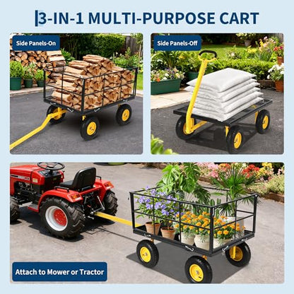 Steel Utility Cart, 1500 Lb Load Capacity – Towable Heavy-Duty Outdoor Hauling Wagon with Removable Side Panels Collapsible Design & 180° Swivel Handle，Cart for Farm, Lawn Yard & Gardening - color: Black