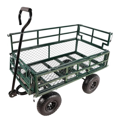 Heavy Duty Utility Wagon, 600lbs Capacity Garden Cart On Wheels, Steel Garden Carts with Removable Mesh Sides, 180° Rotating Handle & 10 Inch Tires for Lawn Mower, Tractor, Garden Waste - color: C-green