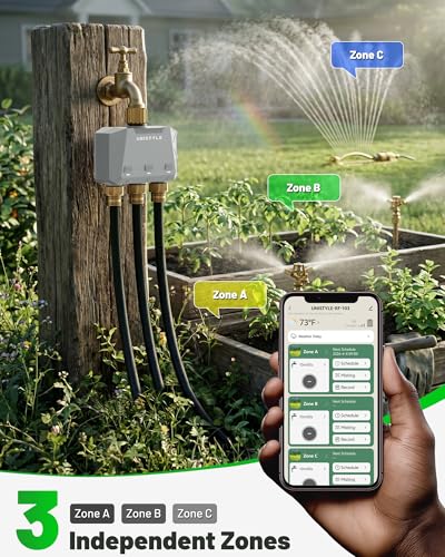 [All-New 2027] 1700FT WiFi Sprinkler Timer 3 Zone with Brass Inlet, Unistyle Smart Hose Timers Compatible Alexa & Google Voice, Water Timer for Garden Hose with Auto & Manual Modes for Garden Lawn