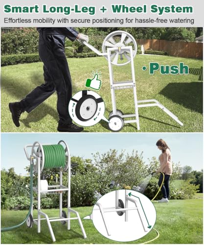 Artigarden Hose Reel Cart with 2 Wheels, Garden Water Hose Holder Heavy Duty Powder Coated Steel Outdoor Winder Storage Holds 125 ft 5/8" Hoses with Basket and 3.9ft Leader Hose for Backyard, White - color: White