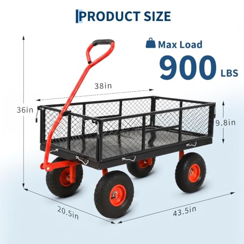 900 Lbs Heavy Duty Steel Garden Cart, Garden Wagon Cart on Wheels, Outdoor Metal Yard Utility Wagon Carts with and Mesh Removable Sides(Convert to Flatbed) and 180°Rotating Handle - color: Yellow, size: 43.5"D x 20.5"W x 21"H