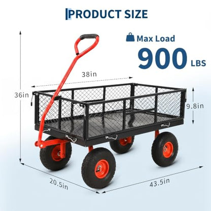 900 Lbs Heavy Duty Steel Garden Cart, Garden Wagon Cart on Wheels, Outdoor Metal Yard Utility Wagon Carts with and Mesh Removable Sides(Convert to Flatbed) and 180°Rotating Handle - color: Yellow, size: 43.5"D x 20.5"W x 21"H