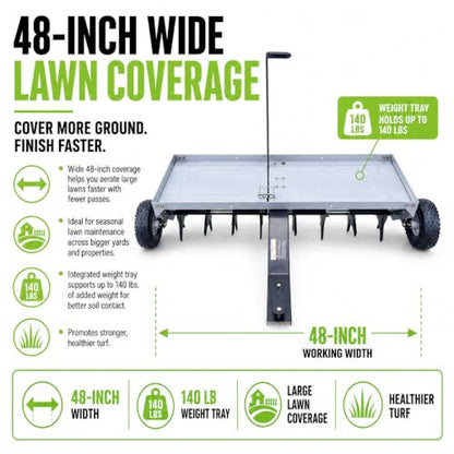 Yard Commander - 48-Inch Tow Behind Plug Aerator for Lawn Tractor & ATV, 32 Core Plug Tines, 2.5” Soil Penetration, Heavy Duty Steel Aerator, Weight Tray & 10” Pneumatic Tires for Lawn & Garden Care