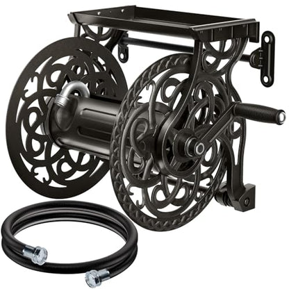 Metal Wall Mount Garden Hose Reel for Outside, Holds 125 ft x 5/8'' Hose Storage, Decorative Heavy Duty Water Hose Holder Aluminum Frame, No-Leak Aluminum Water System, Easy Assmbly, Dark Bronze