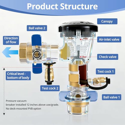 3/4 Inch Brass Backflow Preventer, Pressure Vacuum Breaker Assembly - size: 0.75 Inch