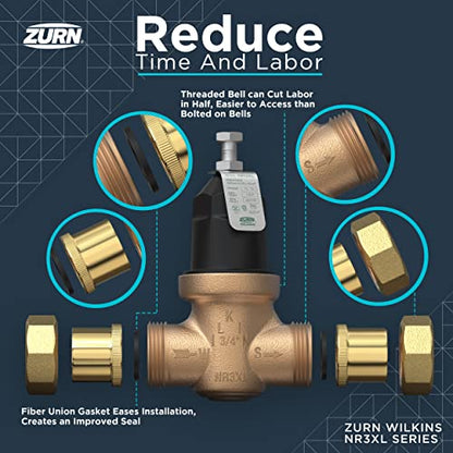 Zurn Wilkins 34-NR3XLDULU 3/4" NR3XL Pressure Reducing Valve with Union Capable Female x Female NPT Connection
