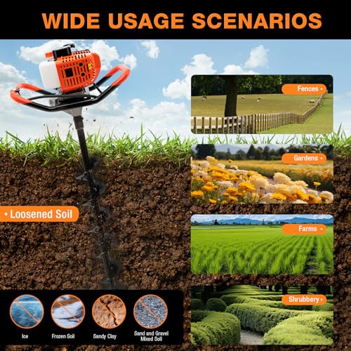 Gas Powered Earth Auger, 52cc 2-Stroke Post Hole Digger with 4", 6", 8" Bits & 12" Extension Bar, Heavy Duty Posthole Diggers for Earth Burrowing Drilling & Post Hole Digging