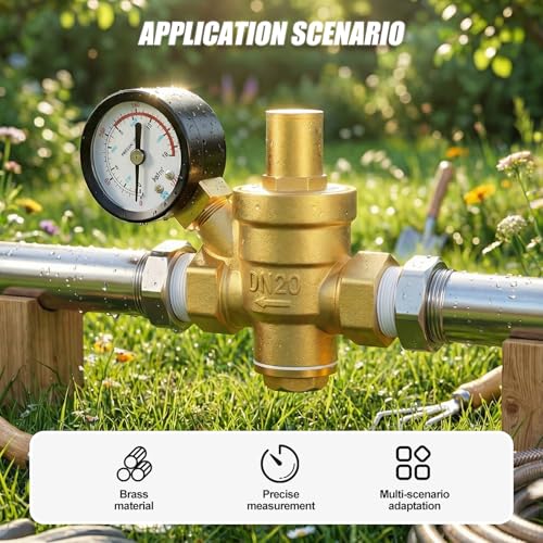 3/4 inch Brass Water Pressure Regulator, with Gauge 0-220PSI, DN20 Adjustable Pressure Reducing Valve, Ideal for pipe fitting