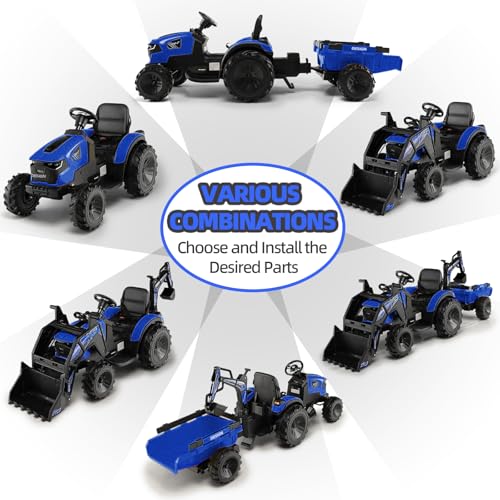 3 in 1 Kids 24V Ride On Tractor, Excavator & Bulldozer, Electric Vehicle w/Trailer, Digger, Shovel Bucket, Remote Control, EVA Tires, LED Lights, Music & USB, Battery Powered Ride On Car Toy, Blue