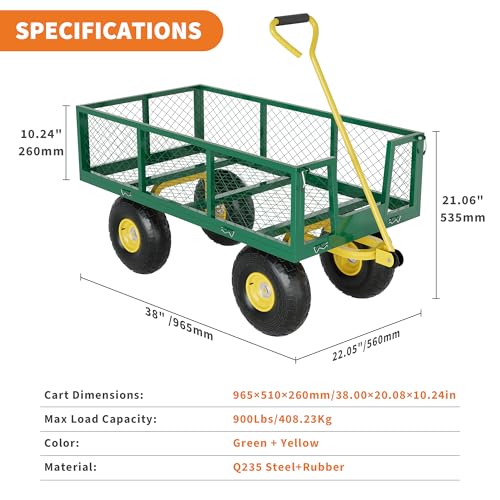 Heavy Duty Steel Garden Wagon Cart - 900 lbs Load - 2-in-1 Outdoor Utility Yard Cart - 10" All-Terrain Wheels - Removable Mesh Sides - 180° Rotating Handle - Collapsible Metal Lawn Trailer - size: 900 lbs